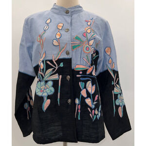 Indigo Moon Lined Two Toned Embroidered Mock Neck Jacket  M